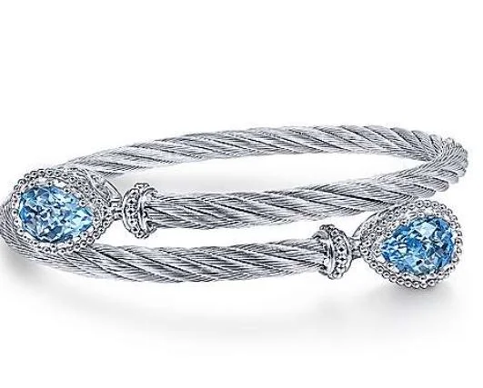 925 Sterling Silver and Stainless Steel Twisted Cable Sky Blue Topaz Bypass Bangle