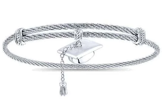 Adjustable Stainless Steel Twisted Cable Bangle with Silver Graduation Cap Charm