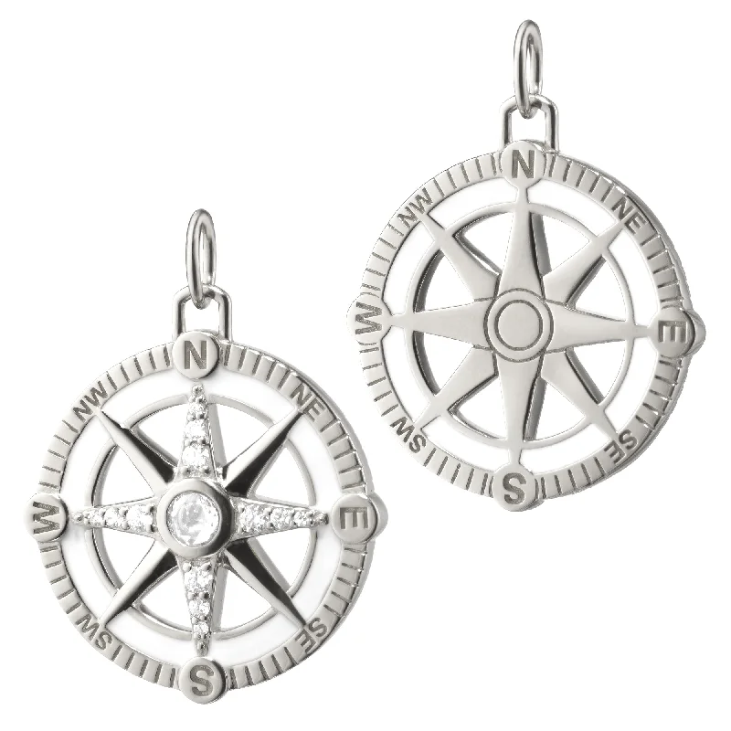 "Adventure" Compass Charm with White Enamel and Sapphires