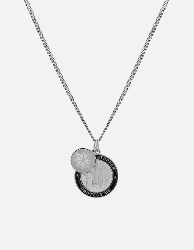 Saint Christopher Surf Necklace, Sterling Silver/Black