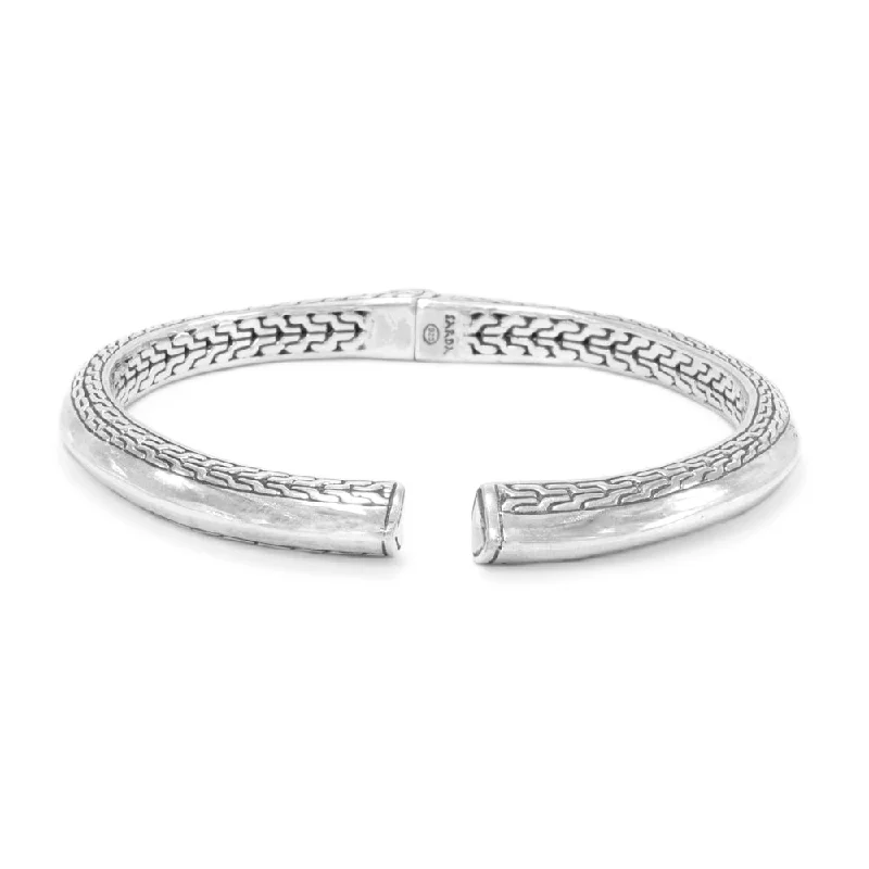 Sterling Silver Chainlink & High Polish Tip-To-Tip Oval Bangle Bracelet With Retention Hinge™