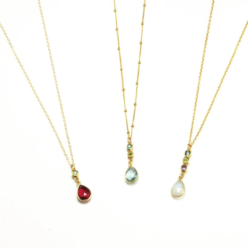 Tiny Birthstone Vertical Bar Necklace with Mother Stone