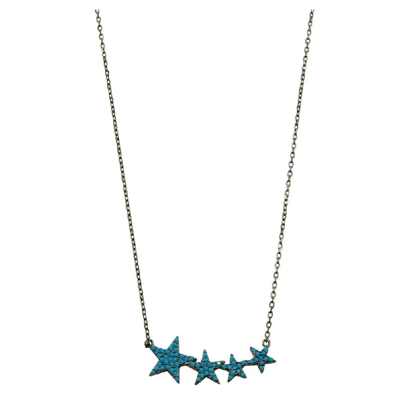 Black Rhodium Plated 925 Sterling Silver Four Star Necklace with Turquoise CZ Stones - STP01536BP