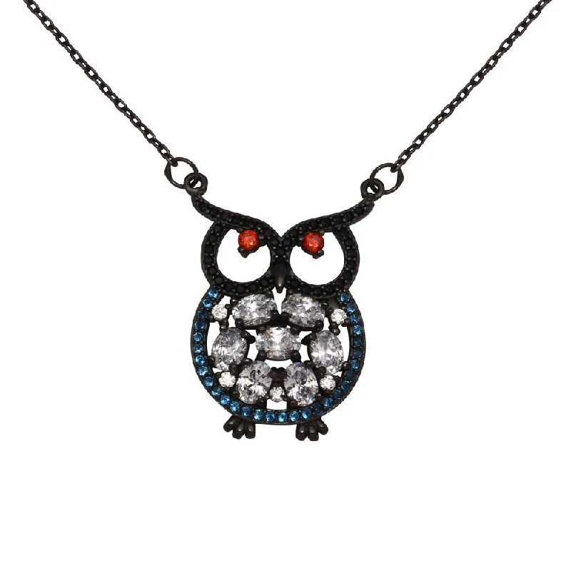 Black Rhodium Plated 925 Sterling Silver Multi-Colored Owl CZ Necklace - BGP01270