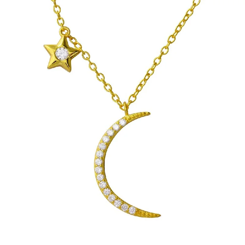 Gold Plated 925 Sterling Silver CZ Star and Crescent Moon Necklace - STP01558GP