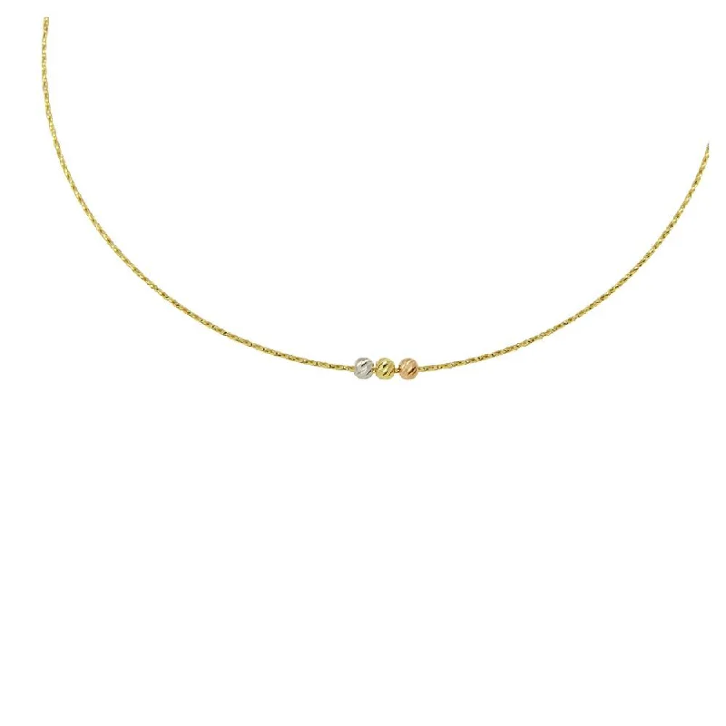 Gold Plated 925 Sterling Silver Round Snake DC Chain Necklace with 3 Beads - ECN00030GP