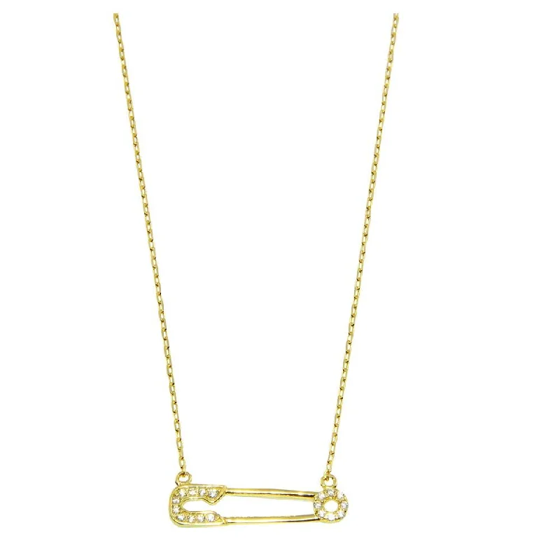 Gold Plated 925 Sterling Silver Small Gold Plated Pin Necklace with CZ - GMN00008GP