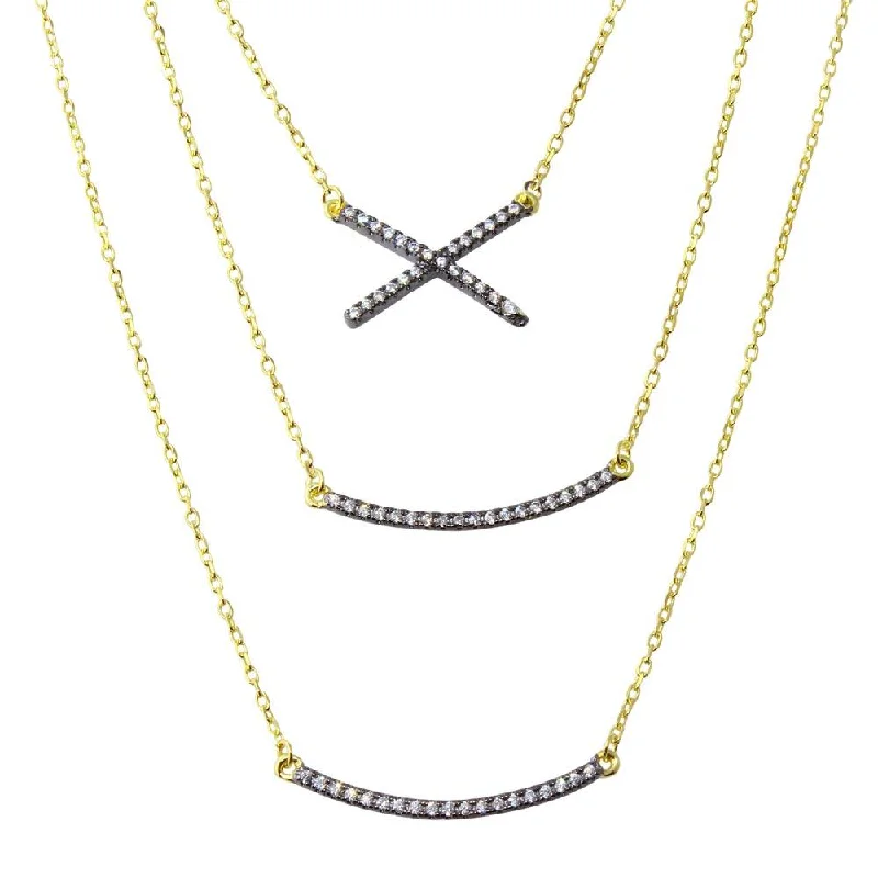 Gold Plated 925 Sterling Silver Triple Strand Necklace with CZ Curved Bar and CZ X - BGP01213