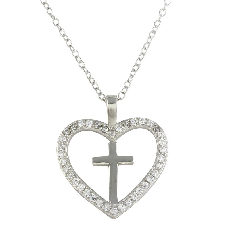 Rhodium Plated 925 Sterling SilverHeart and Cross Necklace with CZ - STP01555