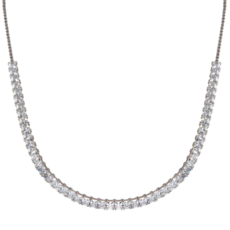 Rhodium Plated 925 Sterling Silver Adjustable Tennis CZ Necklace - BGP01255