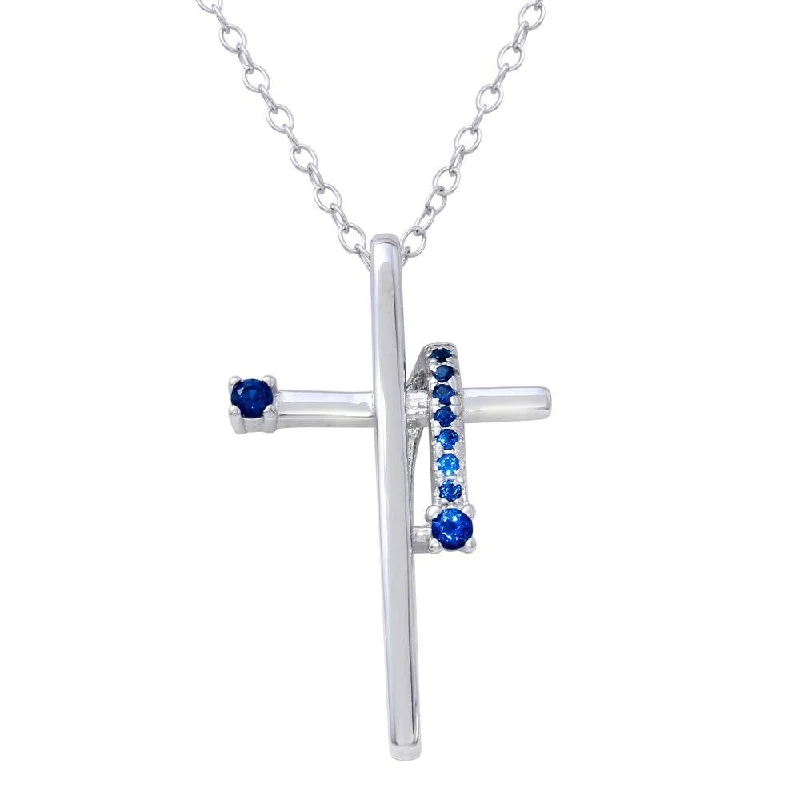 Rhodium Plated 925 Sterling Silver Blue CZ Designed Cross Necklace - BGP01273BLU