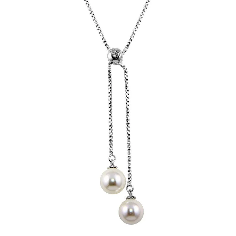 Rhodium Plated 925 Sterling Silver Box Drop Synthetic Pearl Necklace - BGP01243