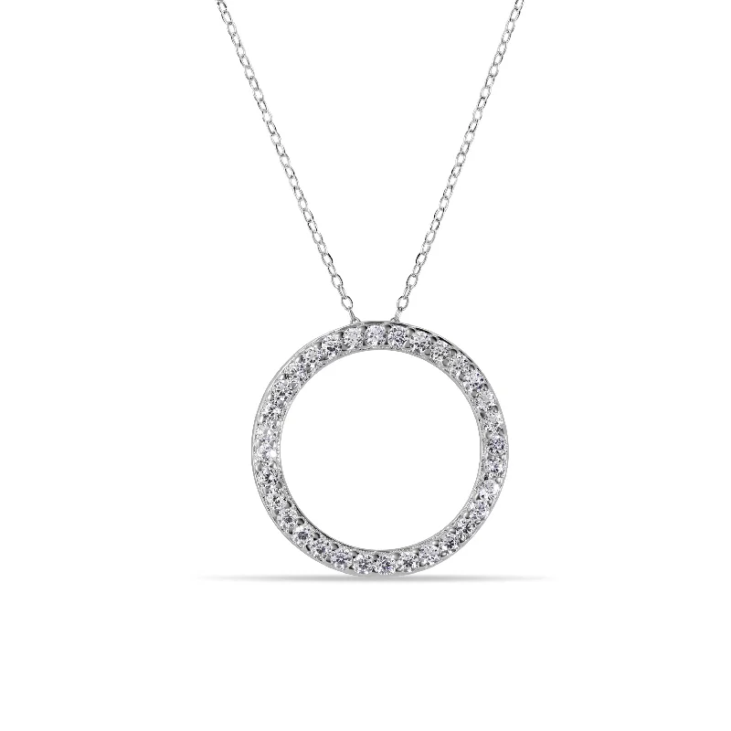 Rhodium Plated 925 Sterling Silver Circle Pendant Necklace with CZ - STP01591