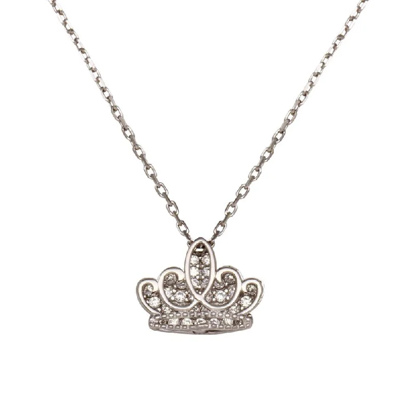 Rhodium Plated 925 Sterling Silver Clear CZ Crown Necklace - GMN00036APR