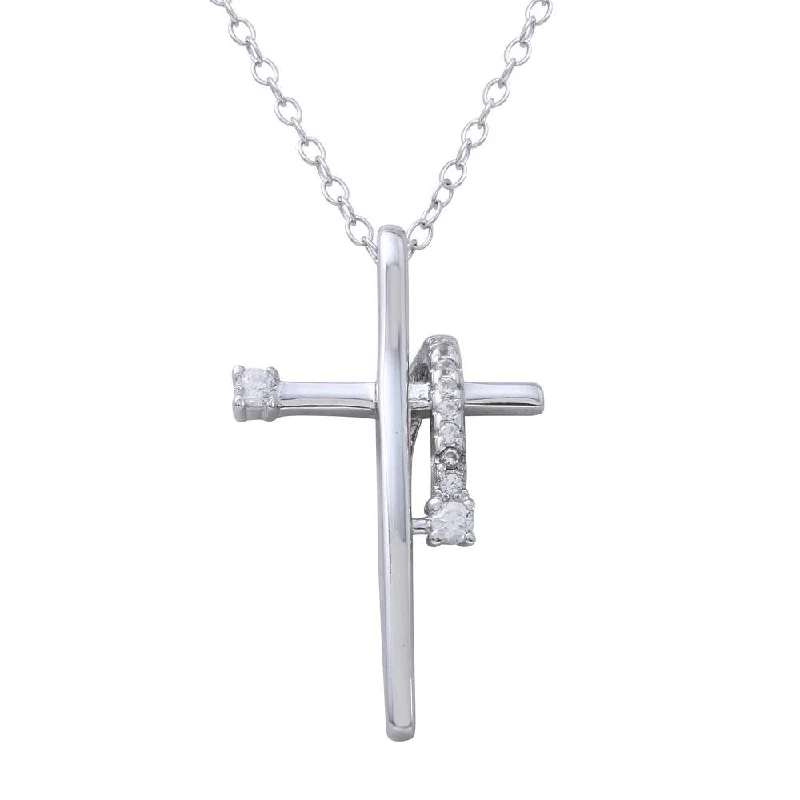 Rhodium Plated 925 Sterling Silver Clear CZ Designed Cross Necklace - BGP01273CLR