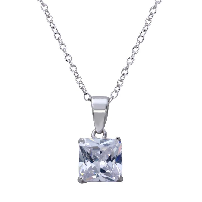 Rhodium Plated 925 Sterling Silver Clear Square CZ Solitaire Necklace - STP01630RH