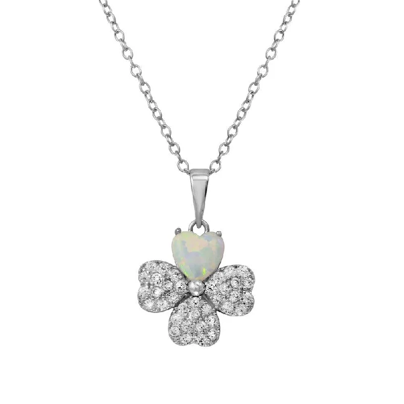 Rhodium Plated 925 Sterling Silver Clover CZ and Synthetic Opal Leaf Necklace - BGP01228