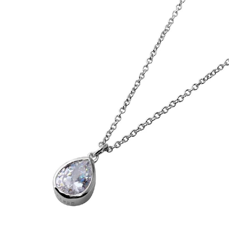 Rhodium Plated 925 Sterling Silver Collar with Dropped Clear Pear CZ Necklace - STP01581RH