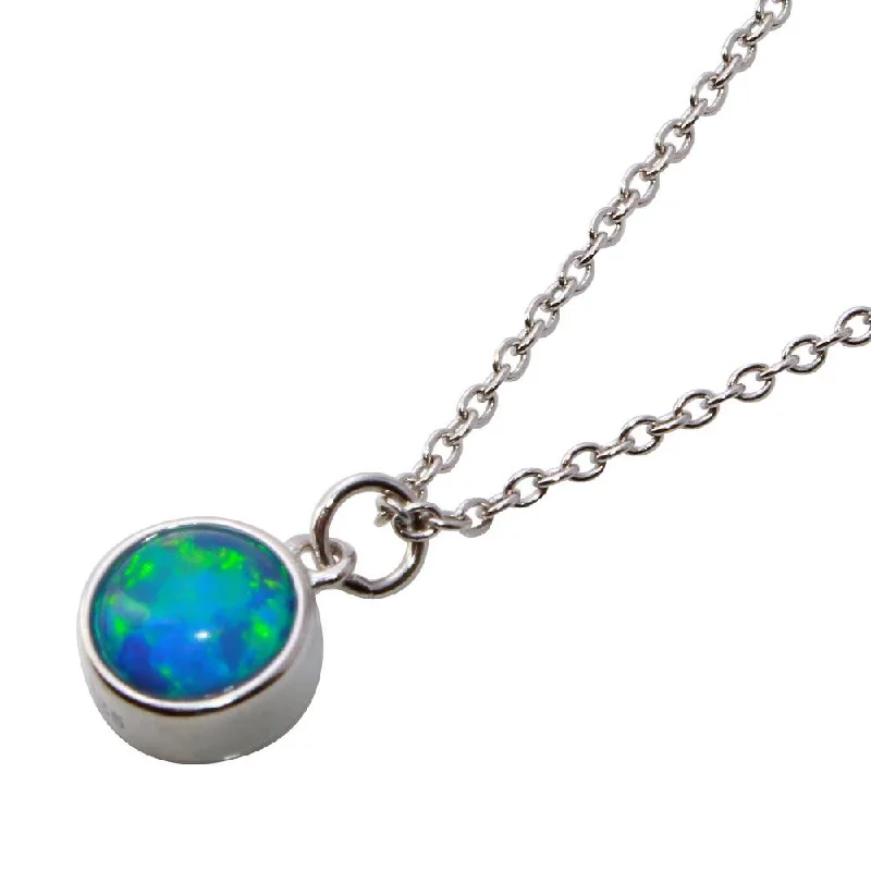 Rhodium Plated 925 Sterling Silver Collar with Dropped Round Blue Opal Necklace - STP01580RH