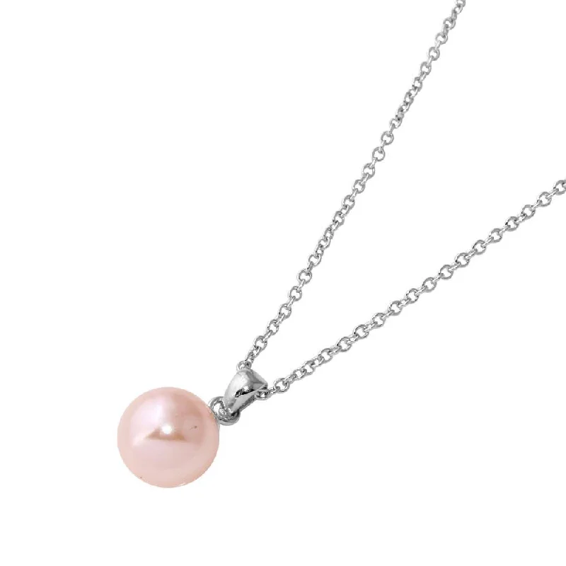 Rhodium Plated 925 Sterling Silver Collar with Dropped Synthetic Pink Pearl Necklace - STP01582RH