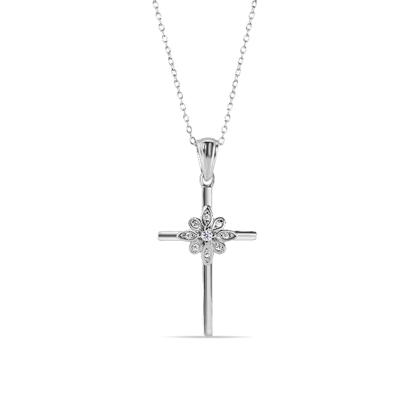 Rhodium Plated 925 Sterling Silver Cross and Flower Pendant Necklace with CZ - STP01621