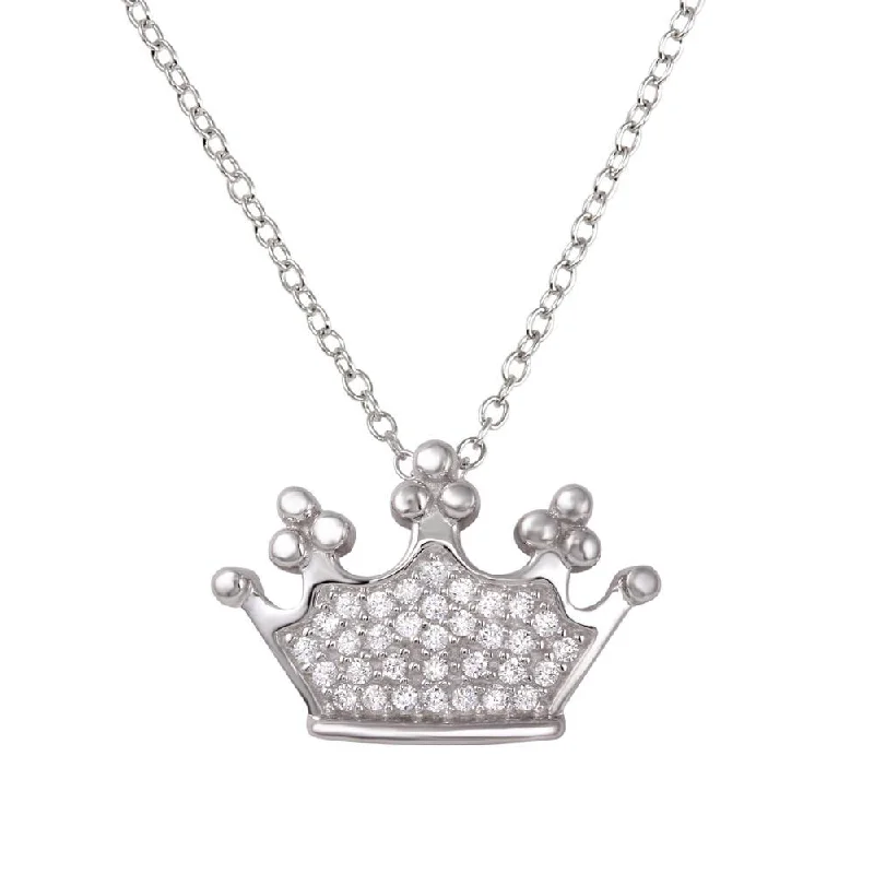 Rhodium Plated 925 Sterling Silver Crown Pendant Necklace with CZ - BGP01263