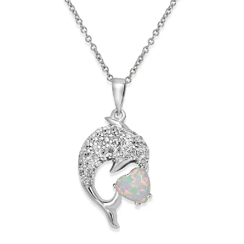 Rhodium Plated 925 Sterling Silver CZ Dolphin Necklace with Synthetic Opal - BGP01074WHT