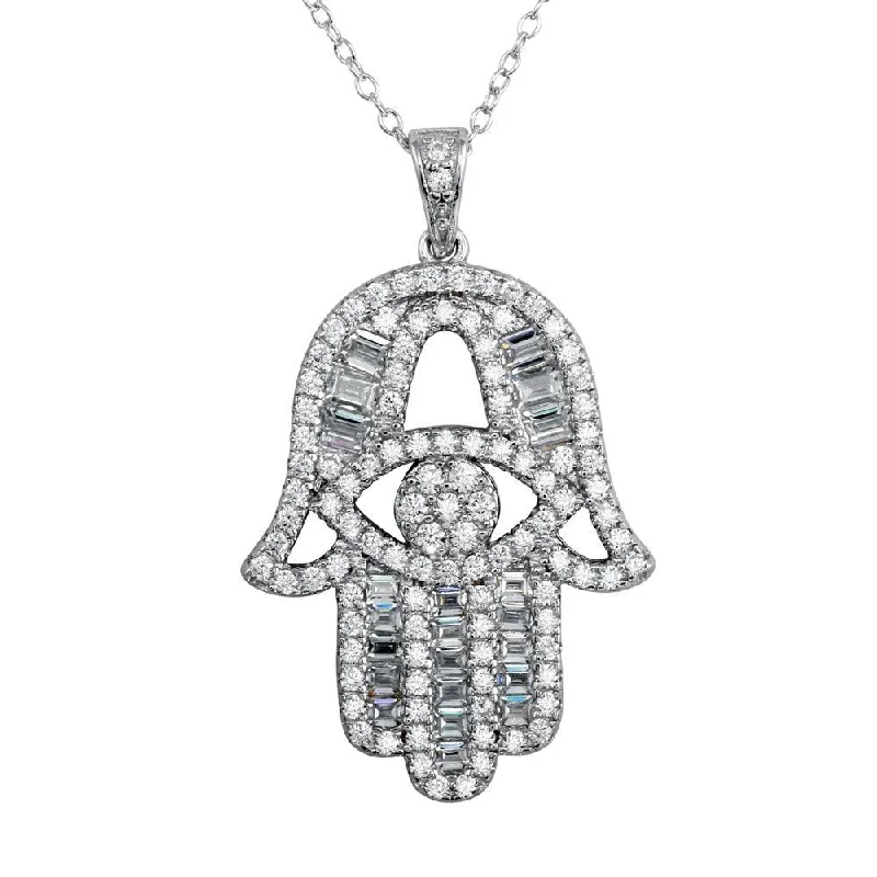 Rhodium Plated 925 Sterling Silver CZ Encrusted Hamsa Hand Necklace - BGP01191