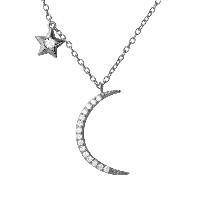 Rhodium Plated 925 Sterling Silver CZ Star and Crecsent Moon Necklace - STP01558RH