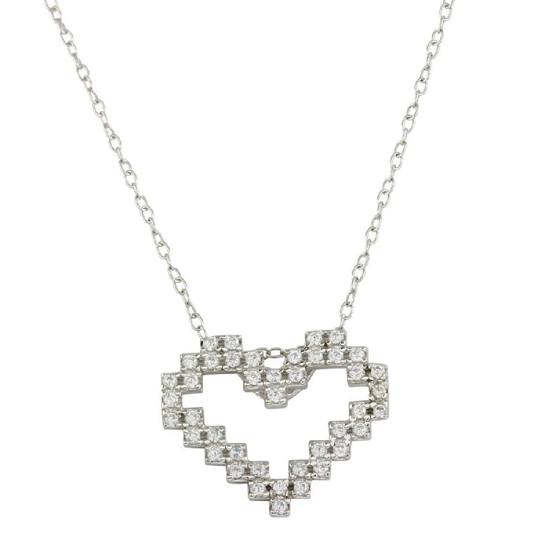 Rhodium Plated 925 Sterling Silver Digital Heart Necklace with CZ - STP01614