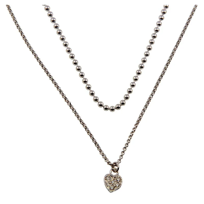 Rhodium Plated 925 Sterling Silver Double Chain and Drop Heart Necklace - ITN00127RH