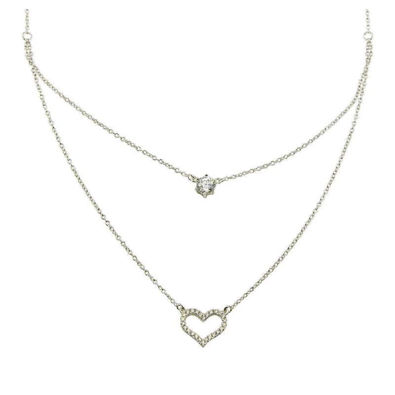 Rhodium Plated 925 Sterling Silver Double Chain Heart Necklace with CZ - BGP01224