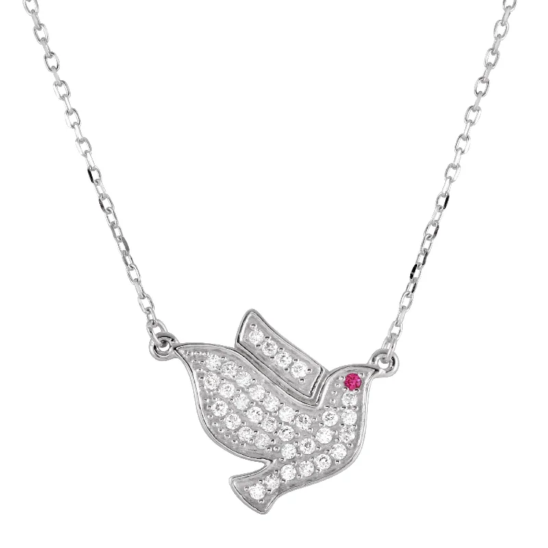 Rhodium Plated 925 Sterling Silver Dove Pedant Necklace with CZ - BGP01271