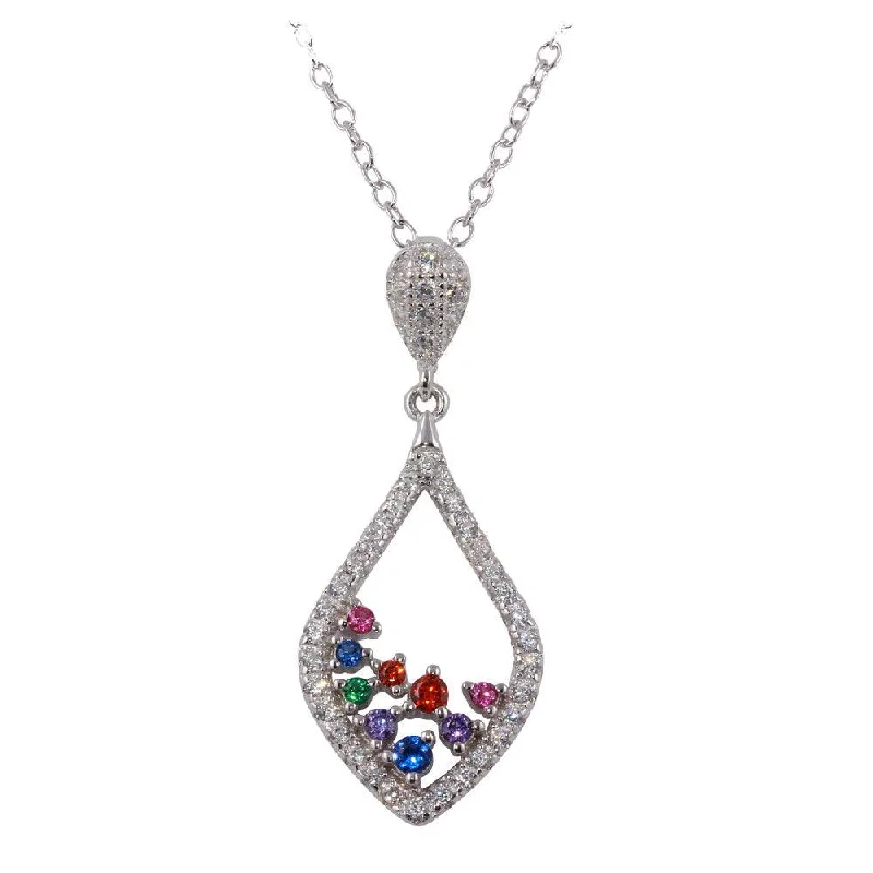 Rhodium Plated 925 Sterling Silver Droplet Necklace with Clear and Multi Colored CZ - BGP01233