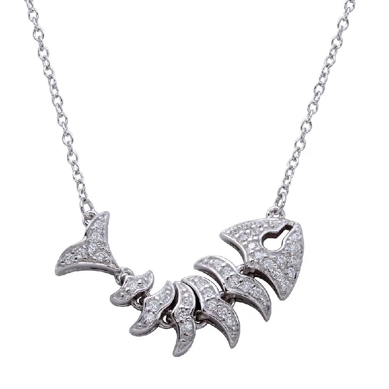 Rhodium Plated 925 Sterling Silver Fish Skeleton Pendant Necklace - BGP01274