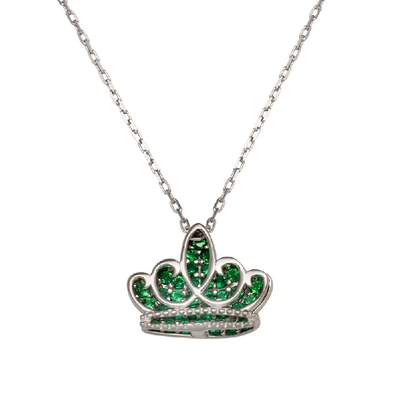 Rhodium Plated 925 Sterling Silver Green CZ Crown Necklace - GMN00036MAY