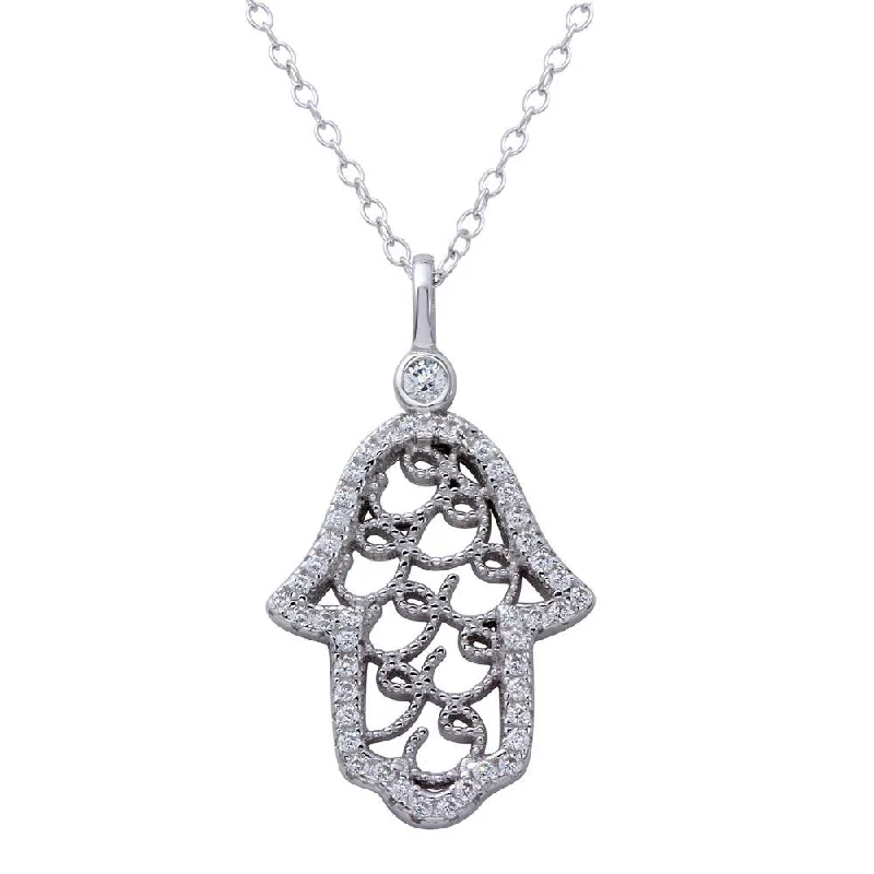 Rhodium Plated 925 Sterling Silver Hamsa Hand CZ Border Necklace - BGP01269