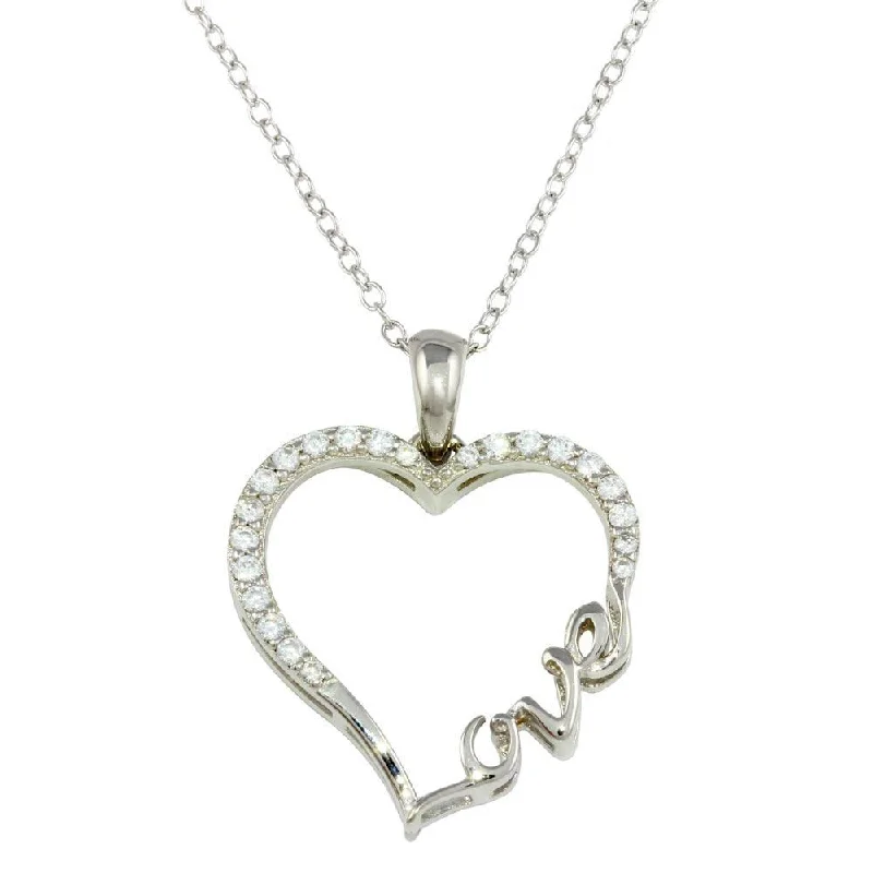 Rhodium Plated 925 Sterling Silver Heart and Love Word Necklace with CZ - STP01596