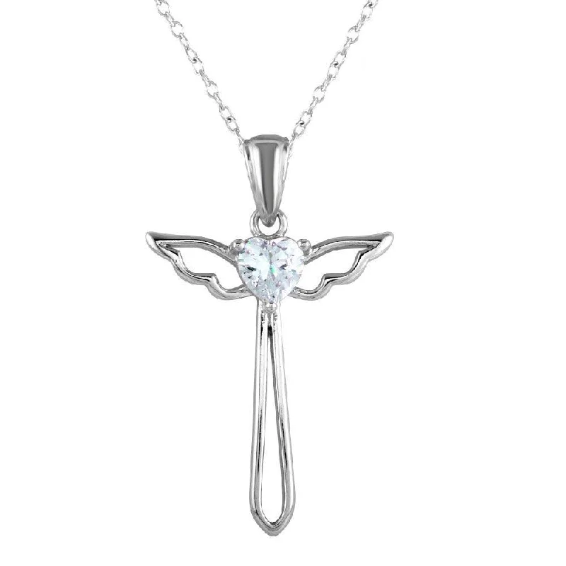 Rhodium Plated 925 Sterling Silver  Heart and Wings Cross Necklace with CZ - STP01618