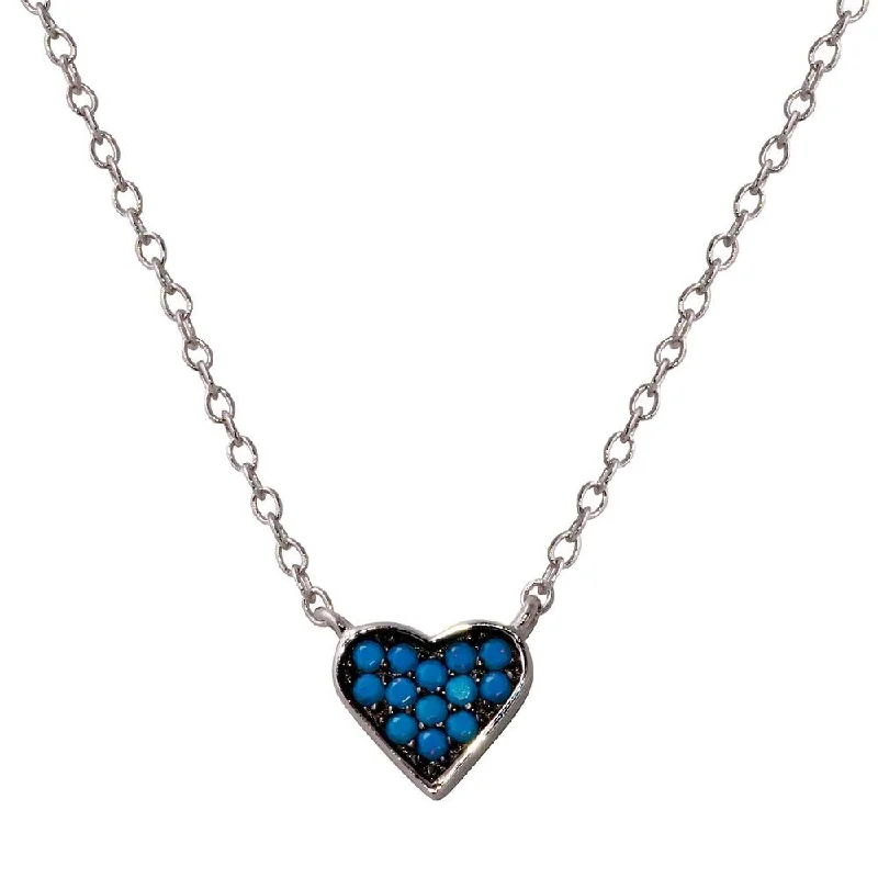 Rhodium Plated 925 Sterling Silver Heart Necklace with Turquoise Beads - STP01568XP