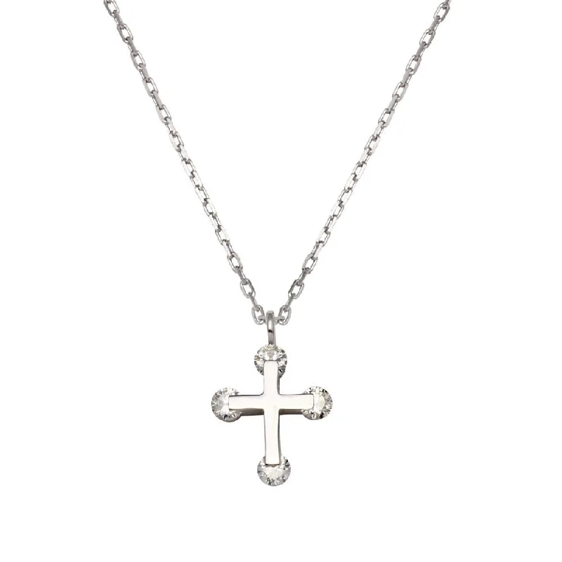 Rhodium Plated 925 Sterling Silver Mini Cross Pendant Necklace with CZ - GMN00035