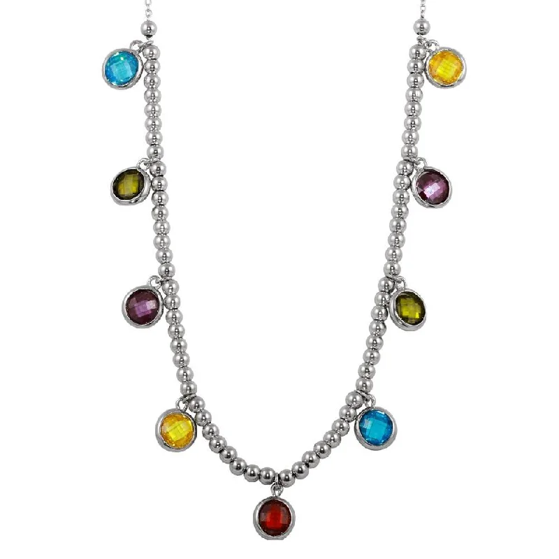 Rhodium Plated 925 Sterling Silver Multi-Color Round CZ Bead Pendant Necklace - STP01611