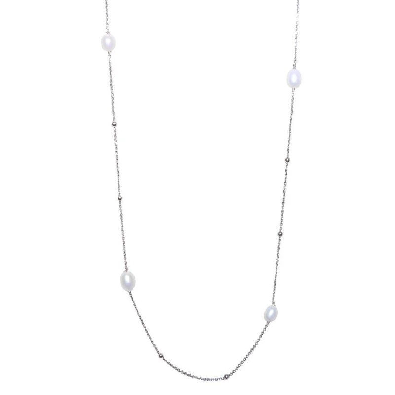 Rhodium Plated 925 Sterling Silver Necklace with Freshwater Pearls and Beads - ECN00028RH