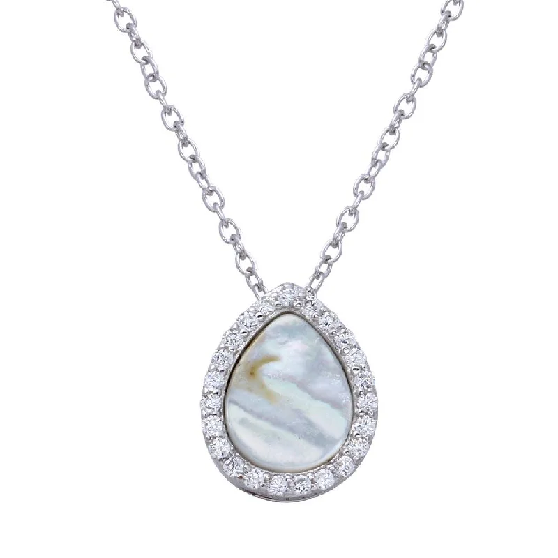 Rhodium Plated 925 Sterling Silver Opal Teardrop Pendant Necklace with CZ - STP01651CLR