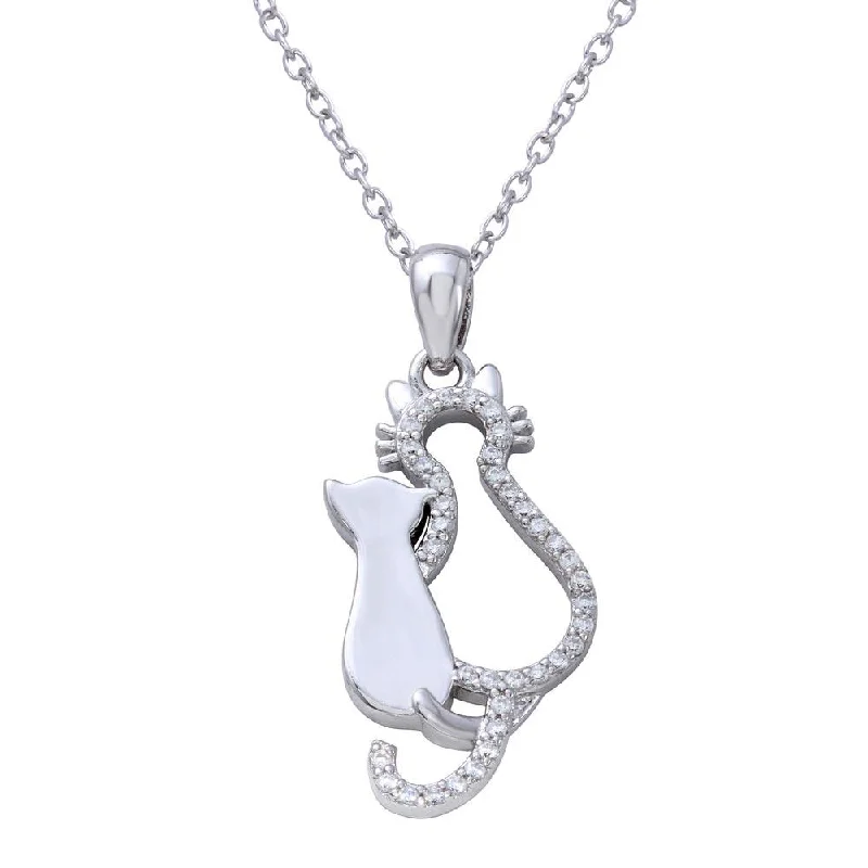 Rhodium Plated 925 Sterling Silver Open Cat and Kitten Necklace with CZ - STP01652