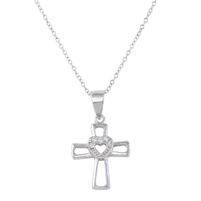 Rhodium Plated 925 Sterling Silver Open Cross and Heart Pendant Necklace with CZ - STP01623