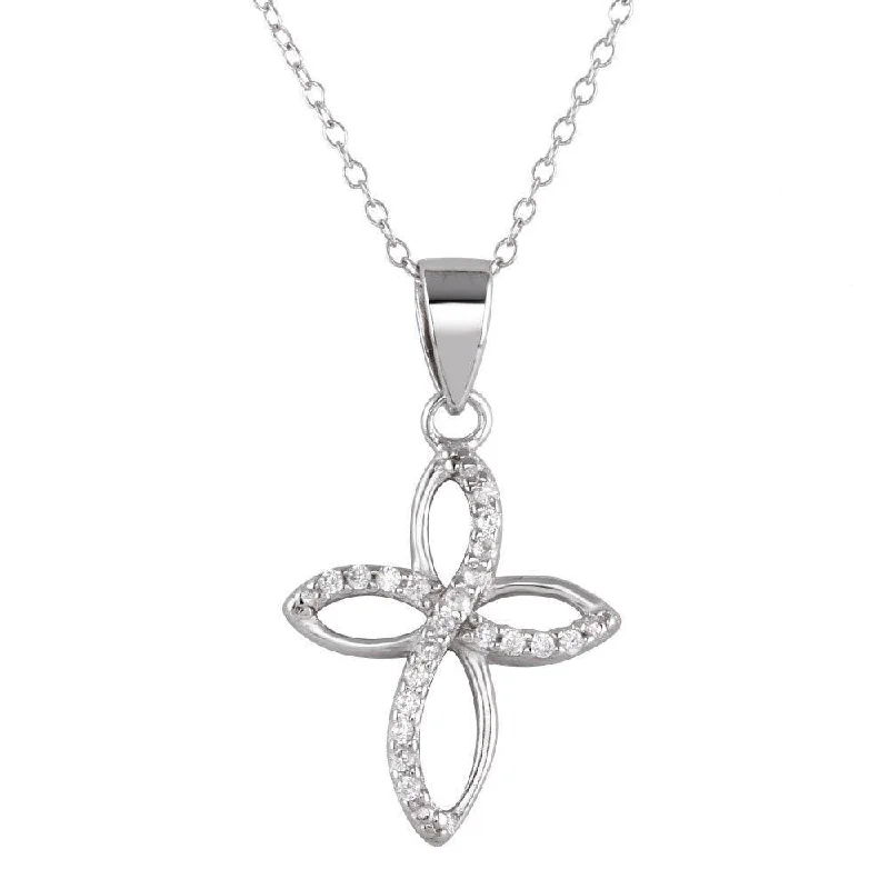 Rhodium Plated 925 Sterling Silver Open Cross Pendant Necklace with CZ - STP01622