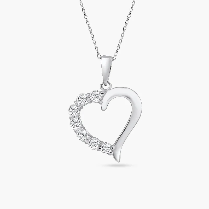 Rhodium Plated 925 Sterling Silver Open CZ Heart Necklace - STP01584