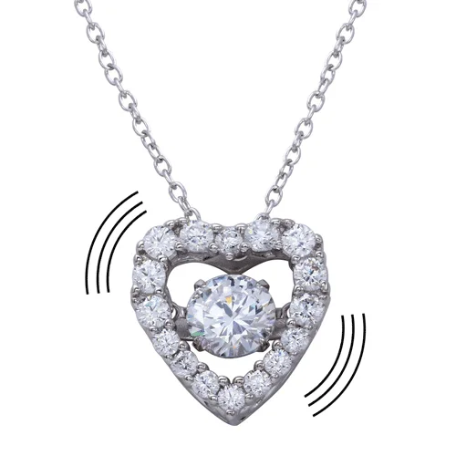 Rhodium Plated 925 Sterling Silver Open Heart CZ Pendant Necklace with Dancing CZ - STP01634