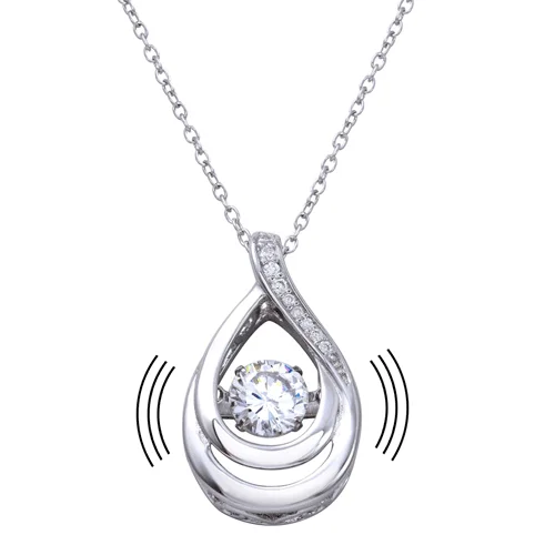 Rhodium Plated 925 Sterling Silver Open Teardrop Necklace with Dancing CZ - STP01635